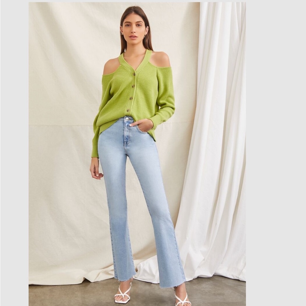 NEW! Light Green Open-Shoulder Buttoned Sweater